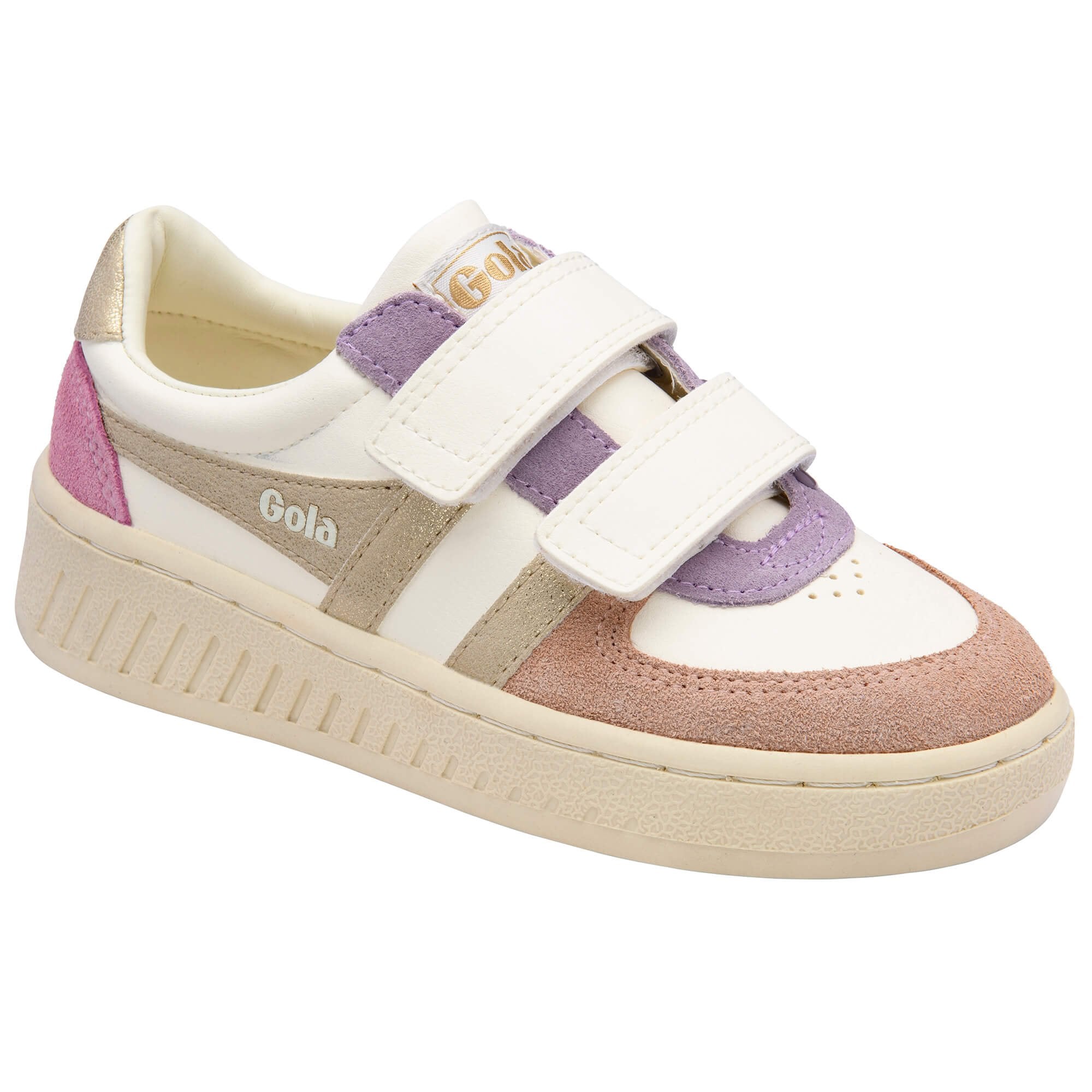 White Gola trainers with two hook and loop straps, purple and pink accents, and a gold heel on a white background