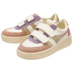 Pair of Gola kids trainers in white, lavender, pink, and gold with velcro straps on a white background