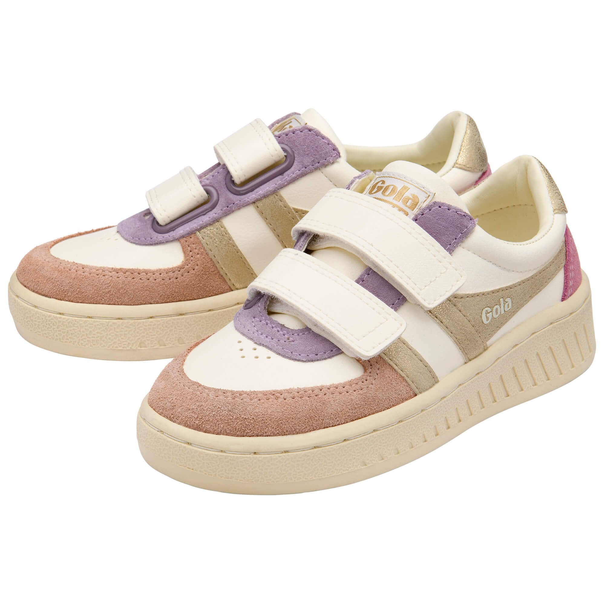 Pair of Gola kids trainers in white, lavender, pink, and gold with velcro straps on a white background