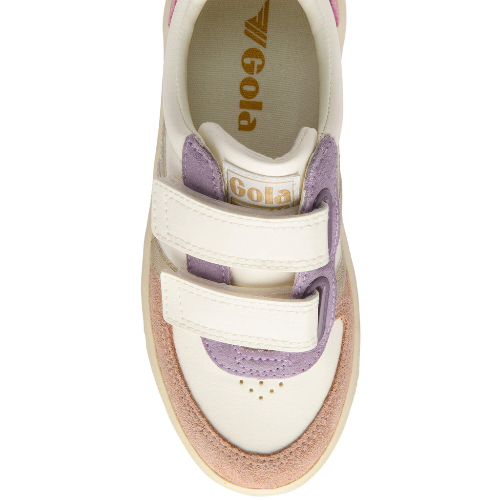 White Gola trainer with purple accents and 'Gola' branding on a white background