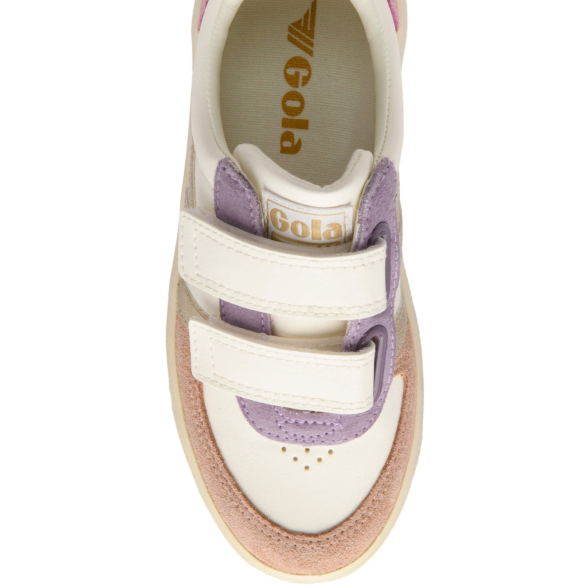 White Gola trainer with purple accents and 'Gola' branding on a white background