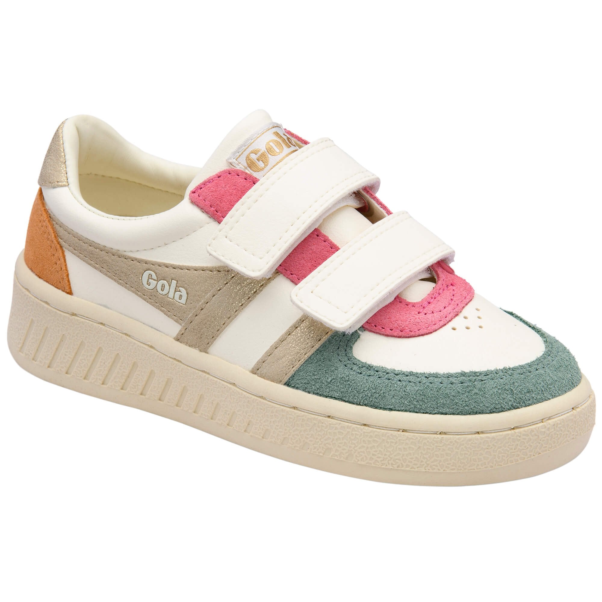 White Gola trainer with orange, pink and blue accents on a white background