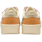 Pair of Gola trainers, rear view, with gold heel tabs and orange suede accents on a white background