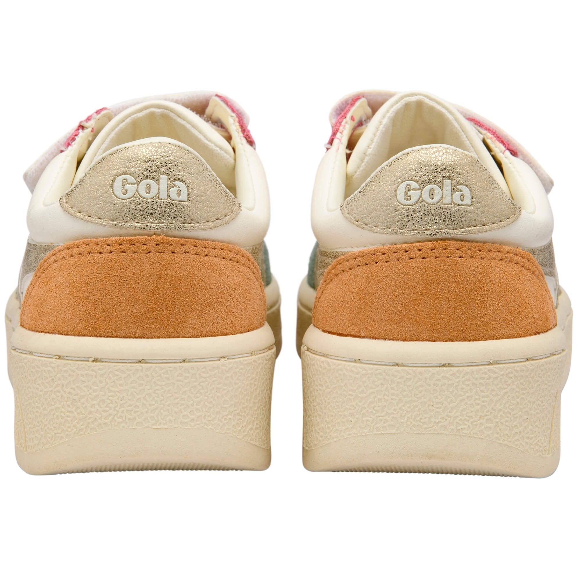 Pair of Gola trainers, rear view, with gold heel tabs and orange suede accents on a white background