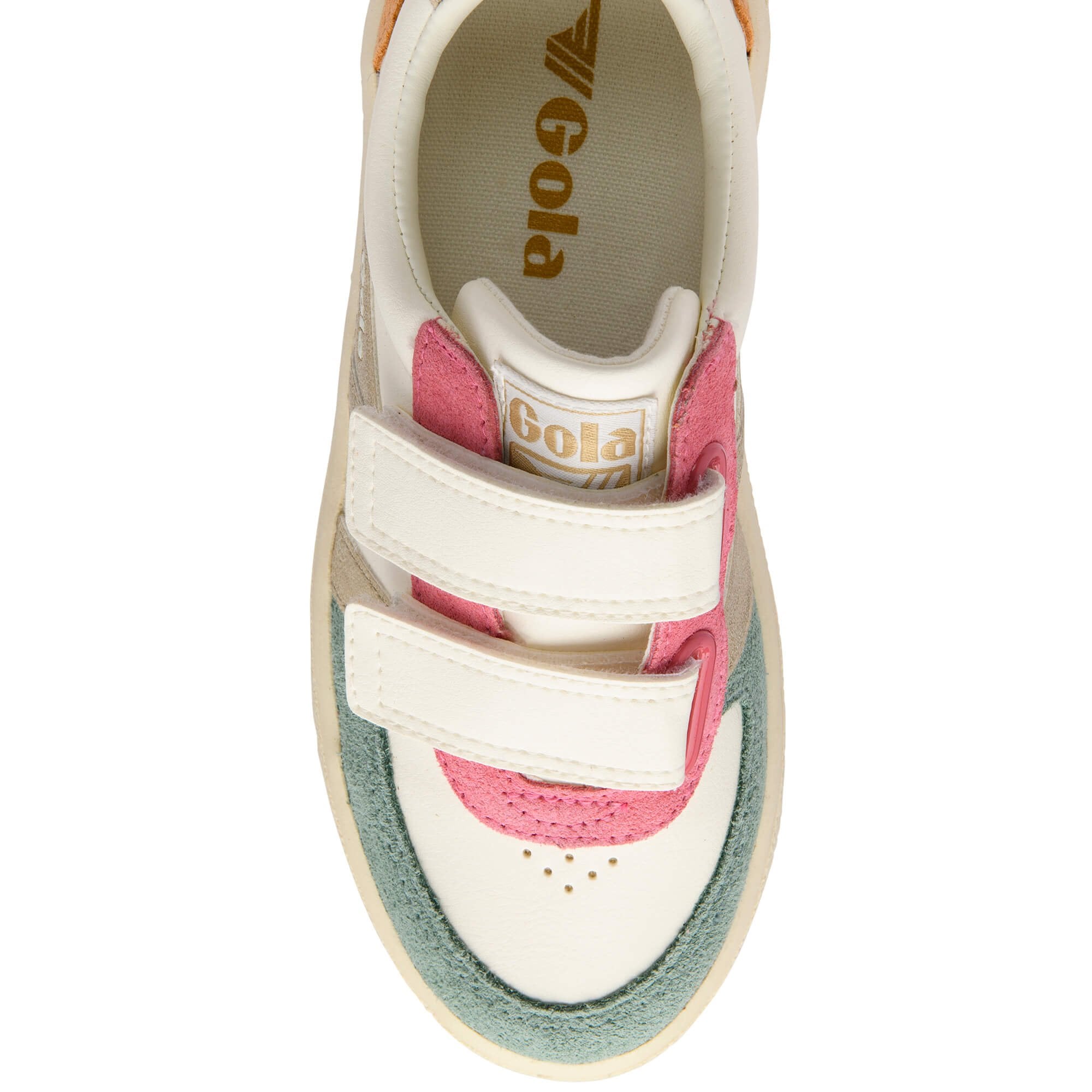 White and pink Gola trainer with green accents on a white background