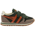 Children's Gola trainer with green velcro straps and brown accents on a white background