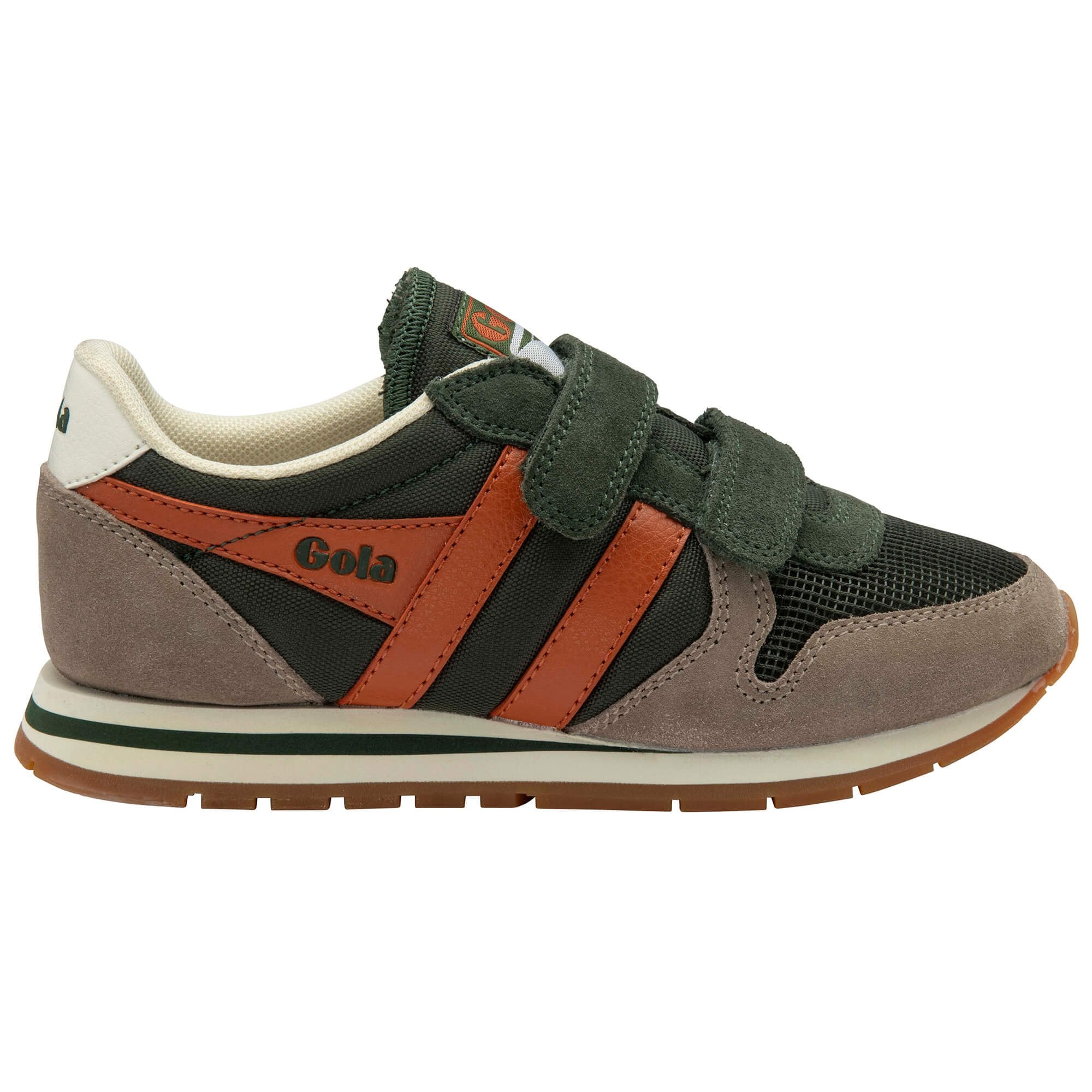 Children's Gola trainer with green velcro straps and brown accents on a white background
