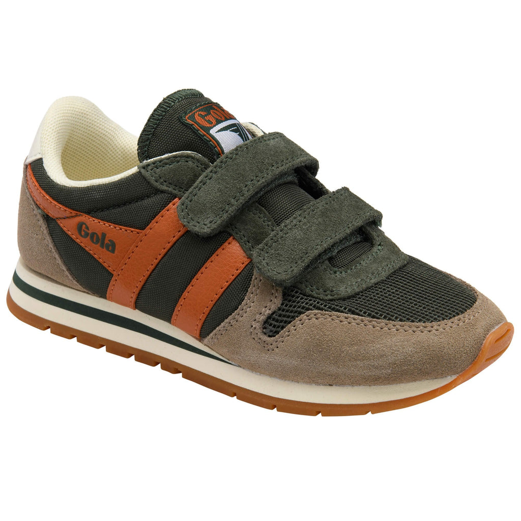 Children's Gola trainer with brown and green straps on a white background