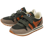Pair of green Gola trainers with orange and brown accents on a white background