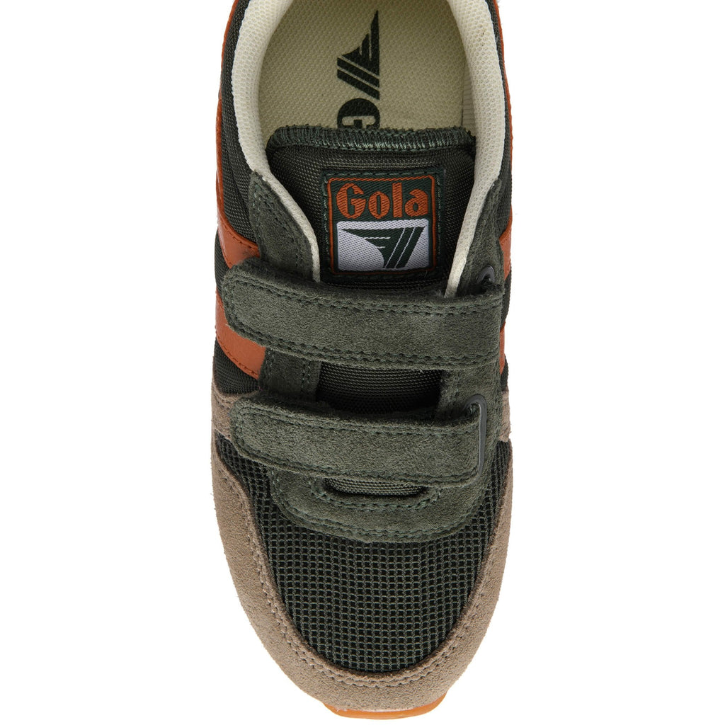 Top down view of a dark green Gola trainer with two orange stripes and two velcro straps on a white background
