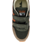 Top down view of a dark green Gola trainer with two orange stripes and two velcro straps on a white background