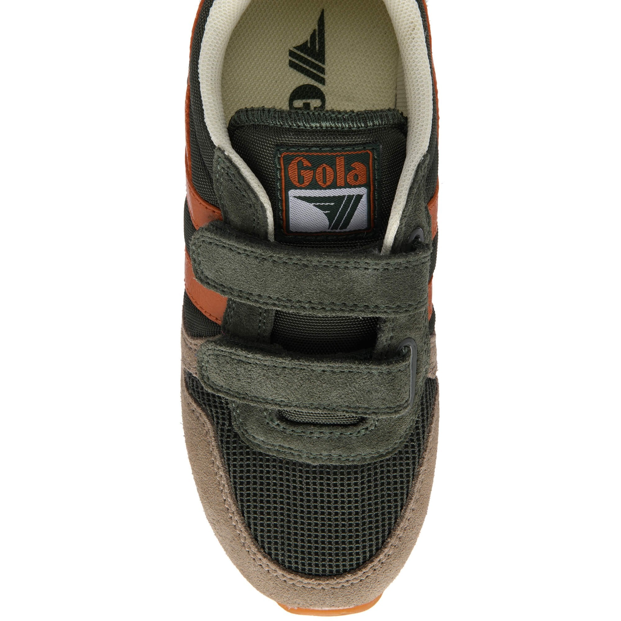Top down view of a dark green Gola trainer with two orange stripes and two velcro straps on a white background