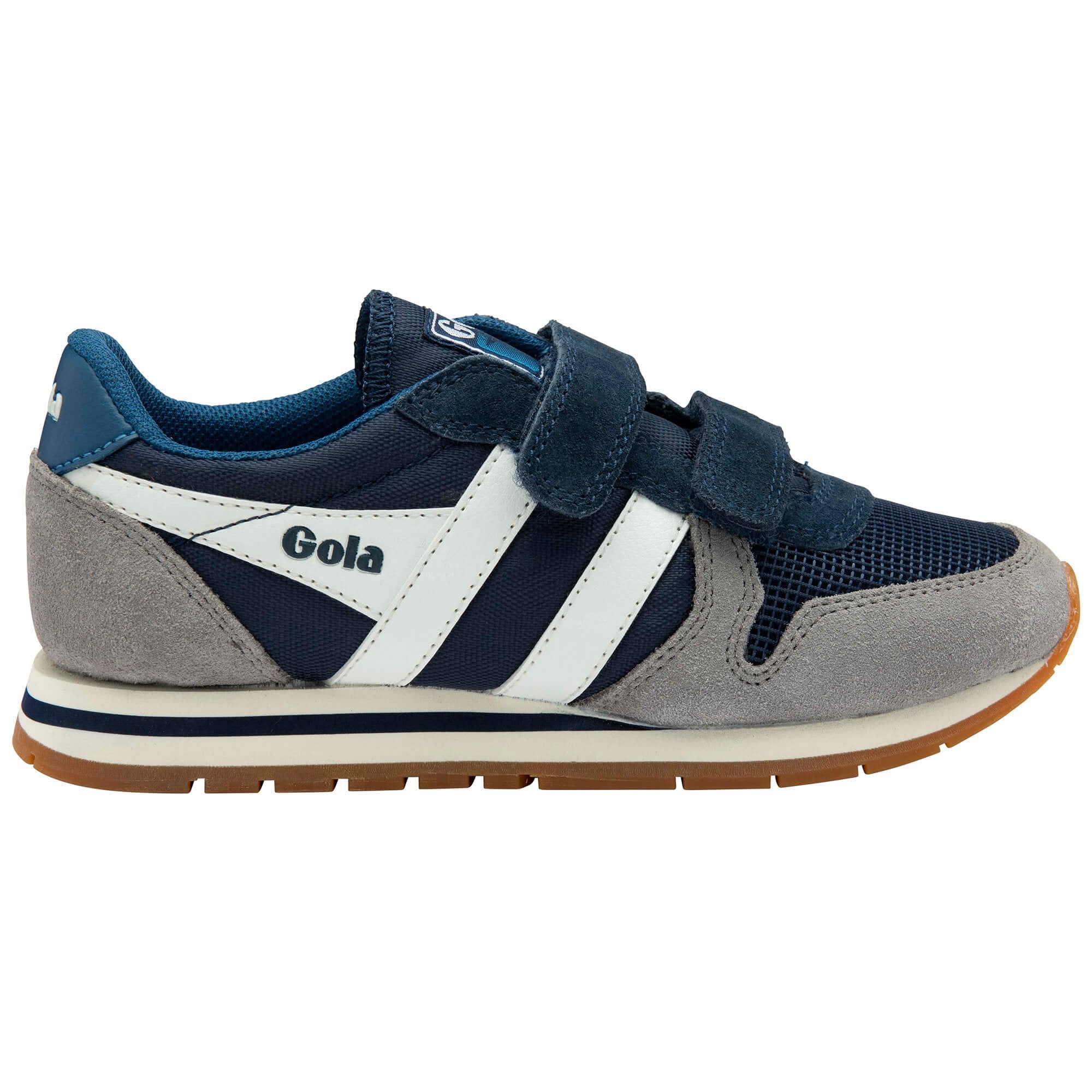 Navy and grey trainer with white stripes on a white background
