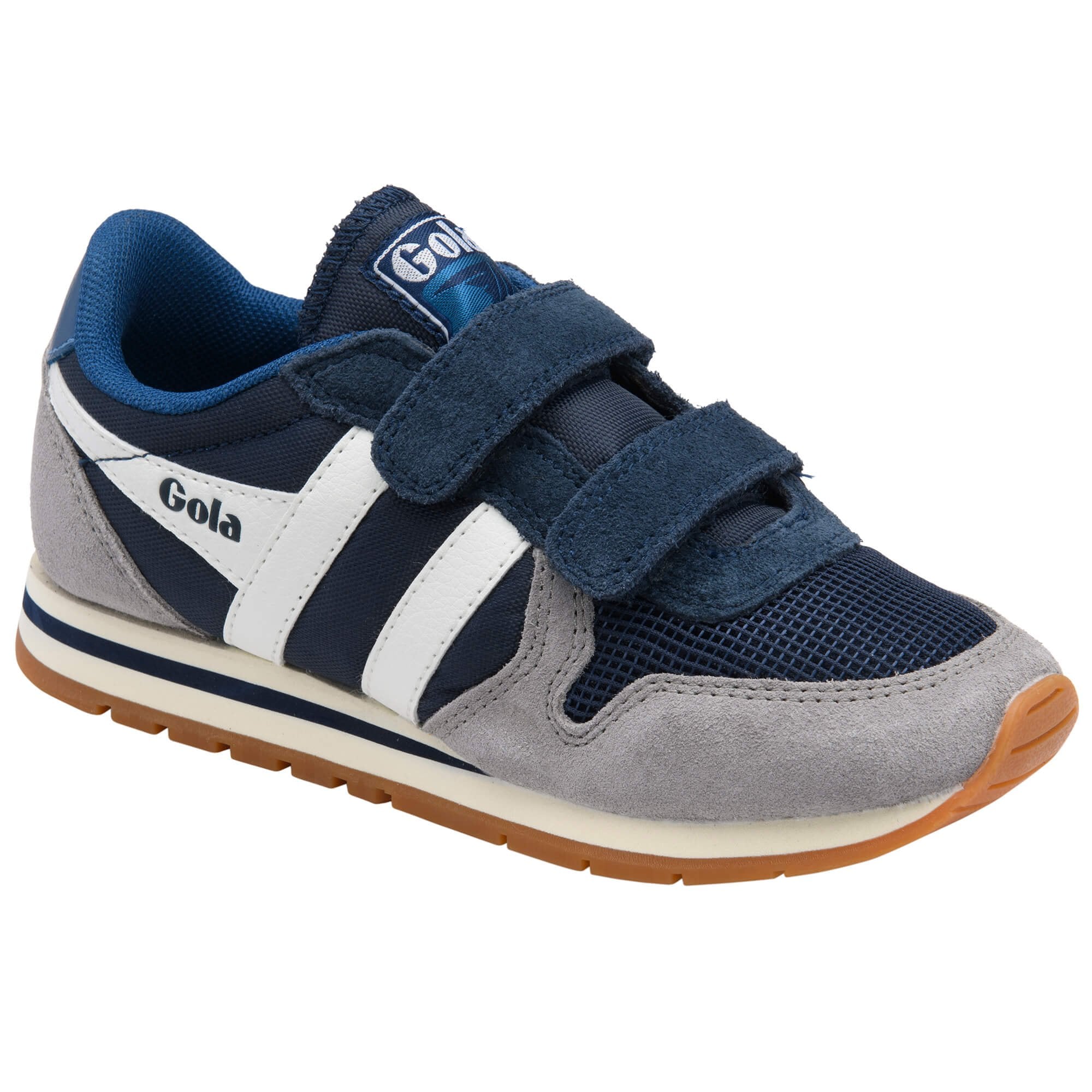 Grey and blue Gola trainer with velcro straps on a white background