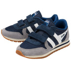 Pair of Gola kids trainers in navy blue and grey with white stripes and velcro straps on a white background