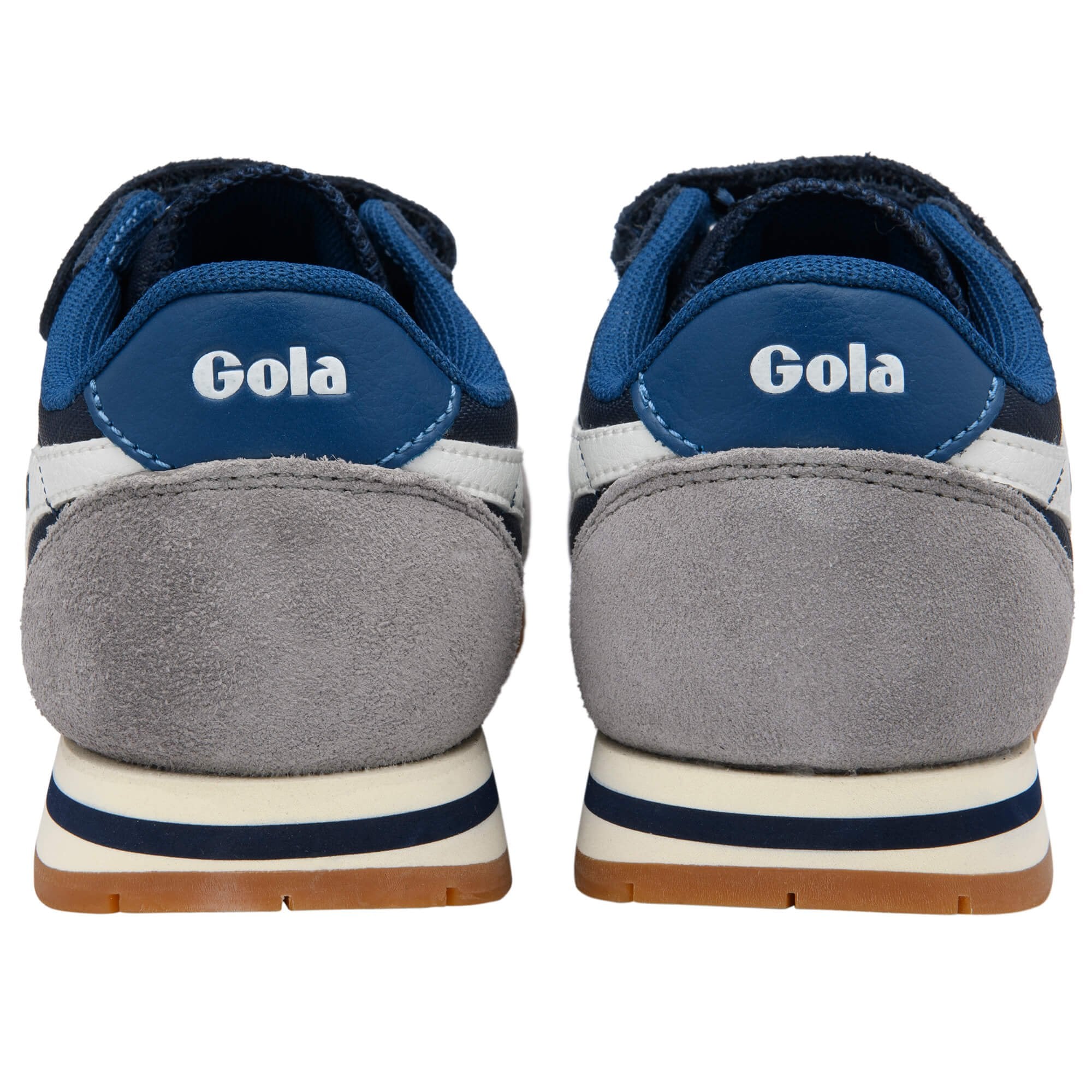 Pair of blue Gola trainers shown from the back on a white background