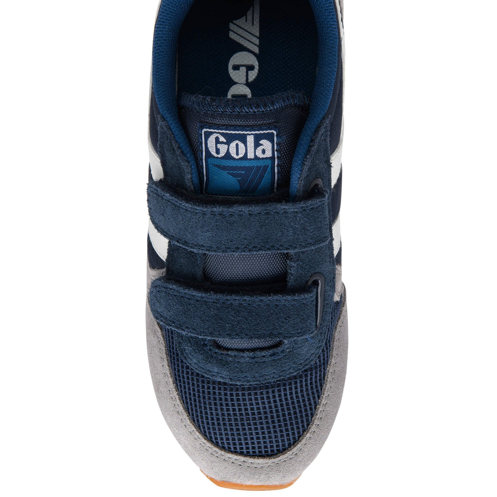 Top down view of a navy blue Gola trainer with white stripes and two velcro straps on a white background