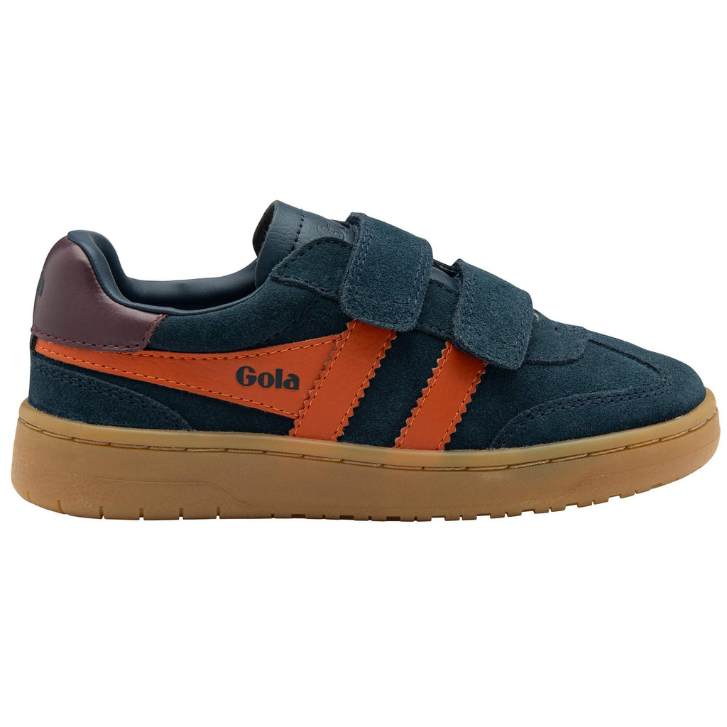 Navy blue and orange Gola trainer with velcro straps on a white background