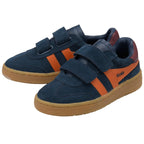 Navy blue and orange children's Gola trainers with velcro straps on a white background