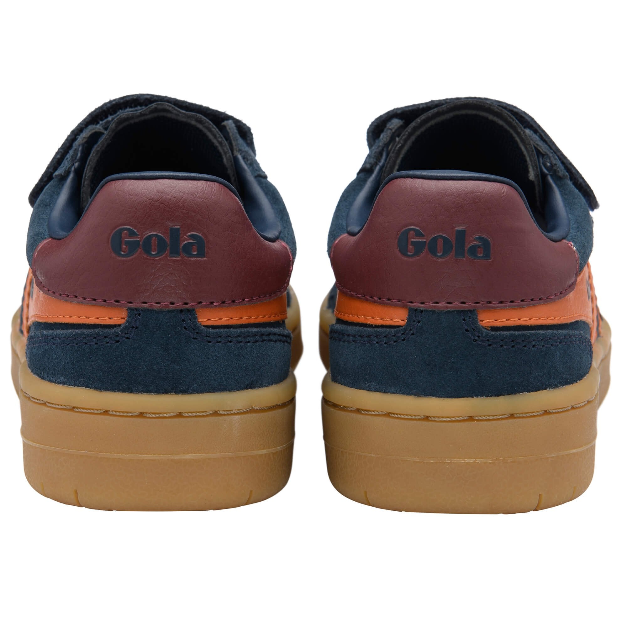 Pair of Gola trainers in blue with brown and orange accents on a white background