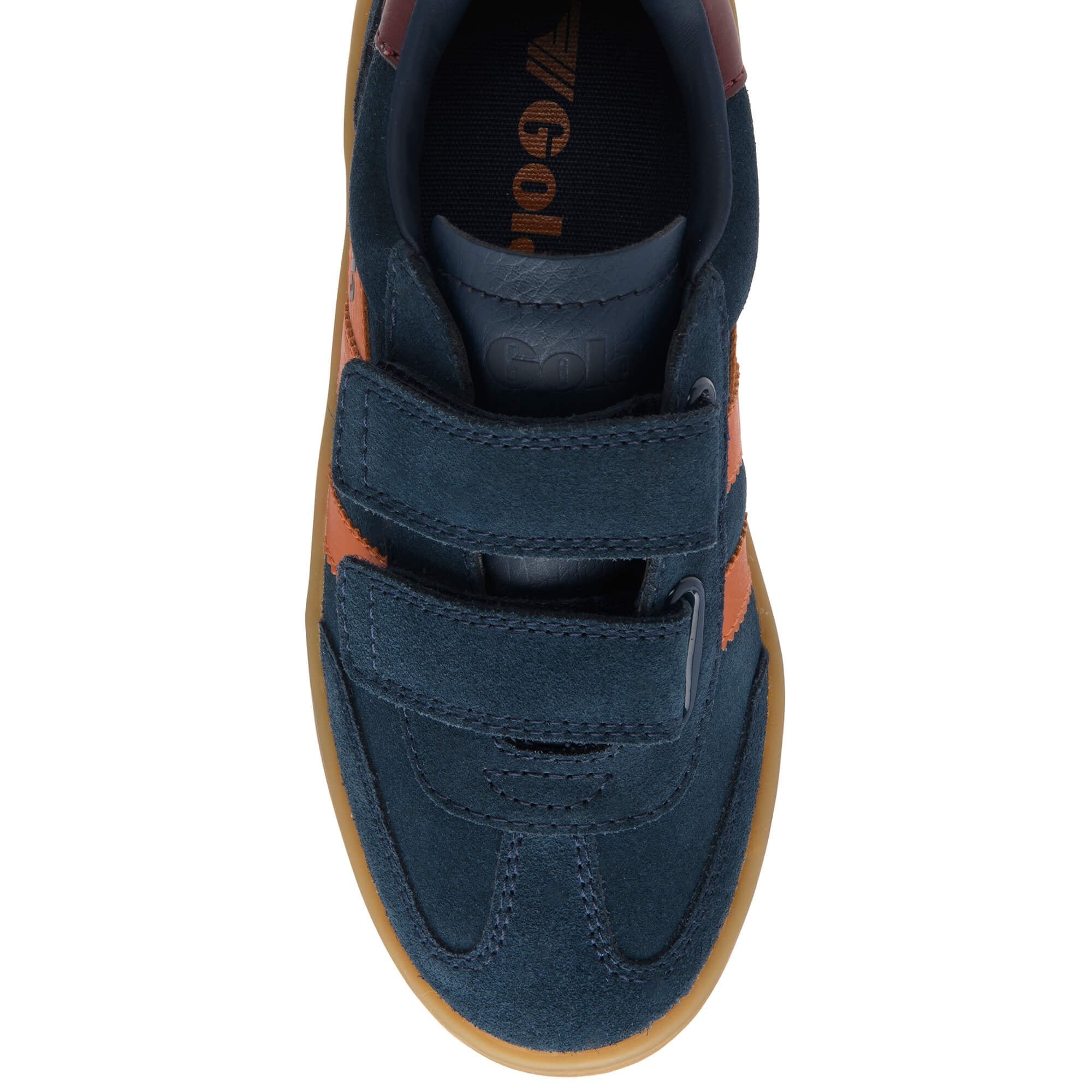 Blue children's Gola trainer with velcro straps on a white background
