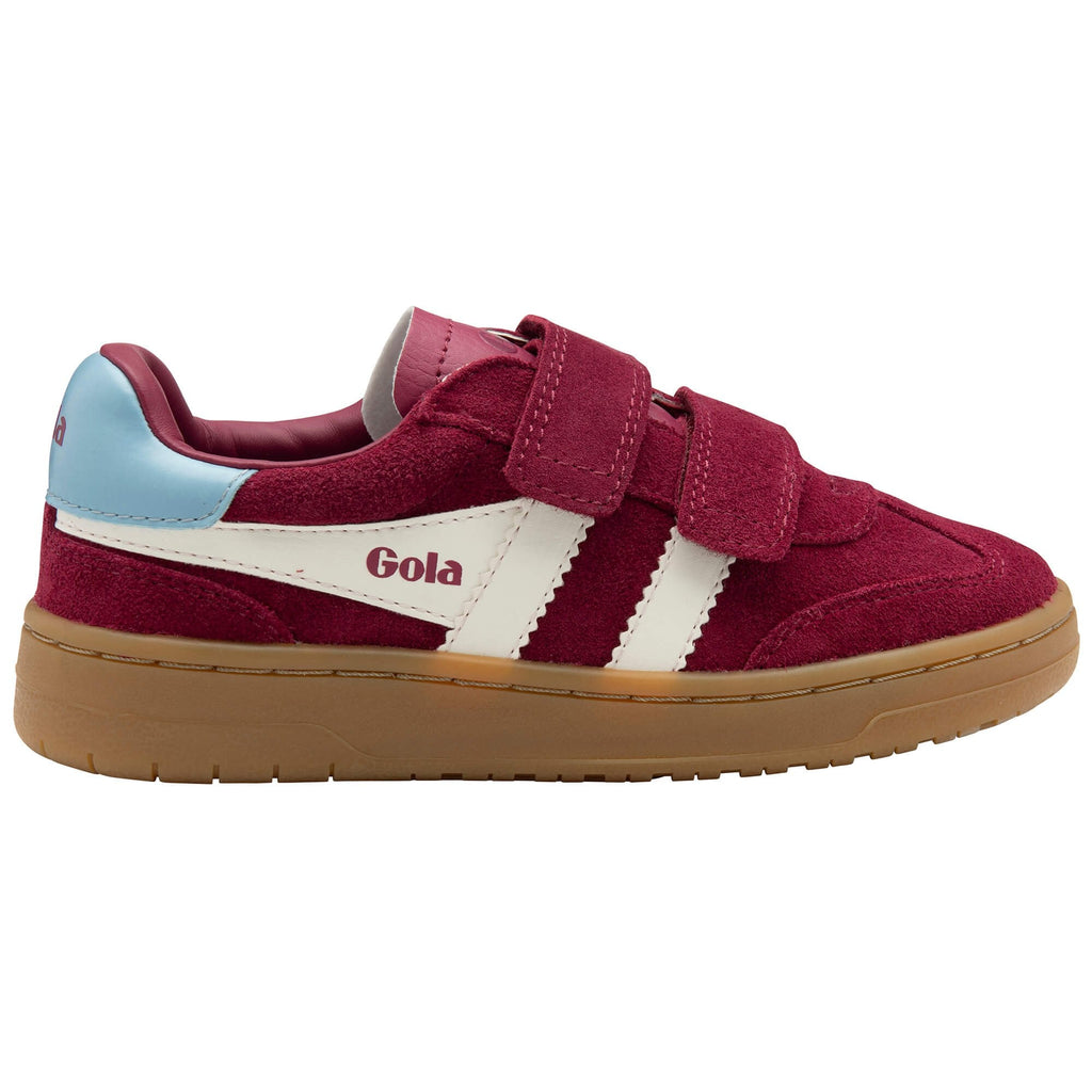 Red children's Gola trainer with white stripes and brown sole on a white background