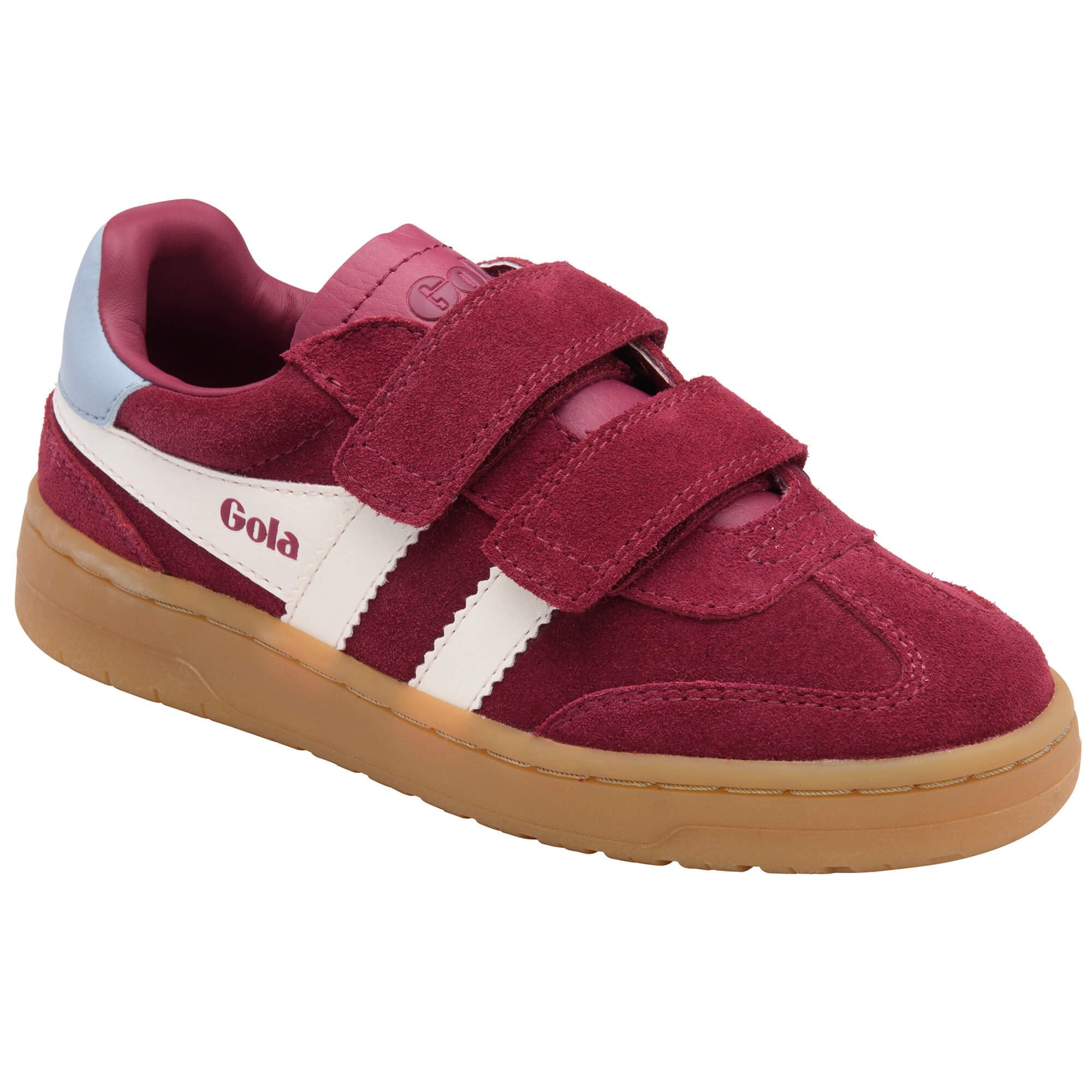 Red children's Gola trainer with white stripe and brown sole on a white background