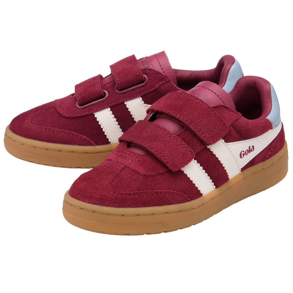 Red children's Gola trainer with white stripes and brown soles on a white background