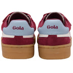 Maroon Gola trainers with blue heel tab on a white background