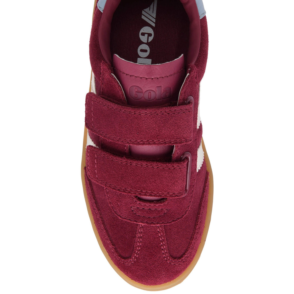 Red children's Gola trainer with white stripes on a white background