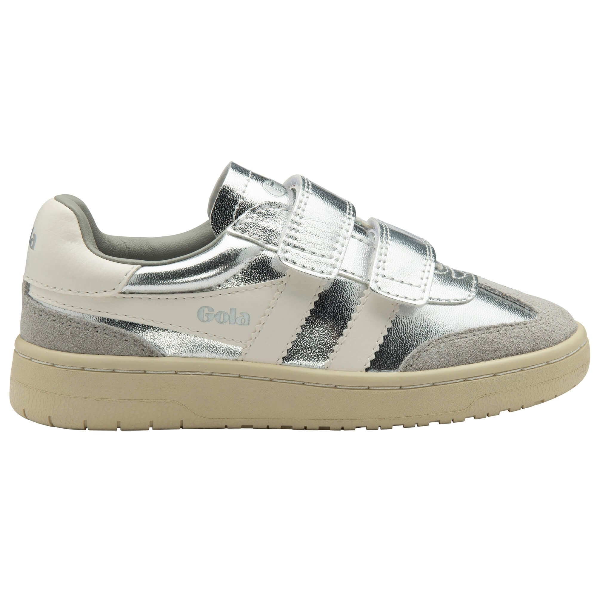 Silver Gola trainer with velcro straps on a white background