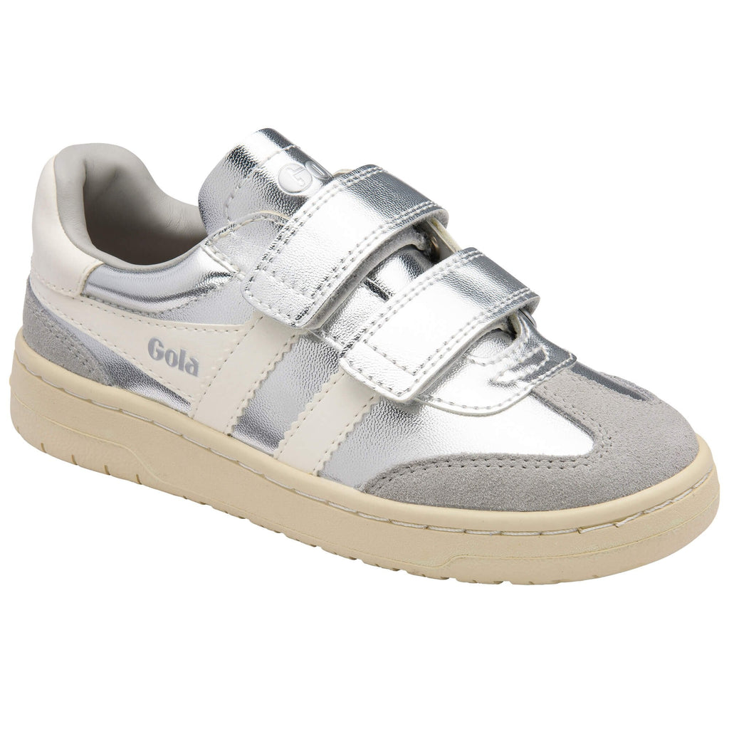 Silver and beige Gola trainer with velcro straps on a white background