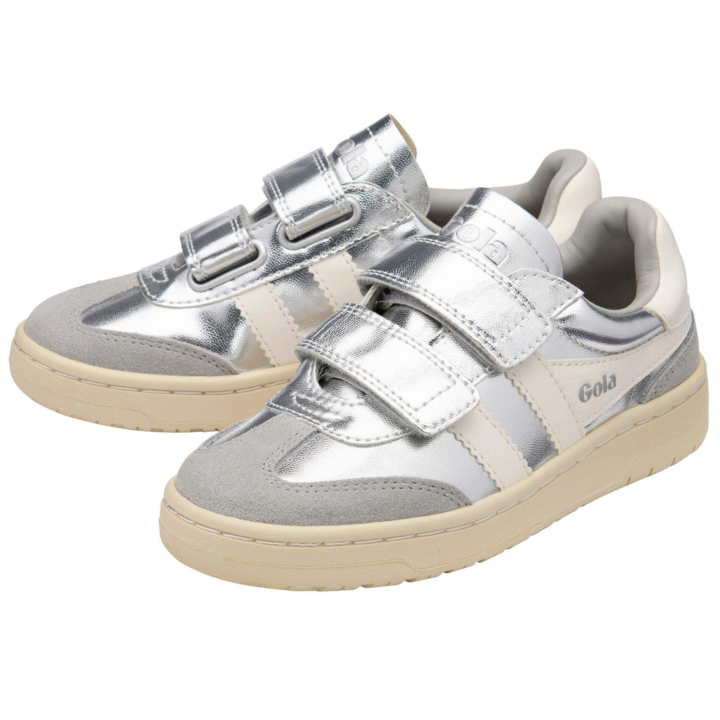 Silver children's Gola trainers with velcro straps on a white background