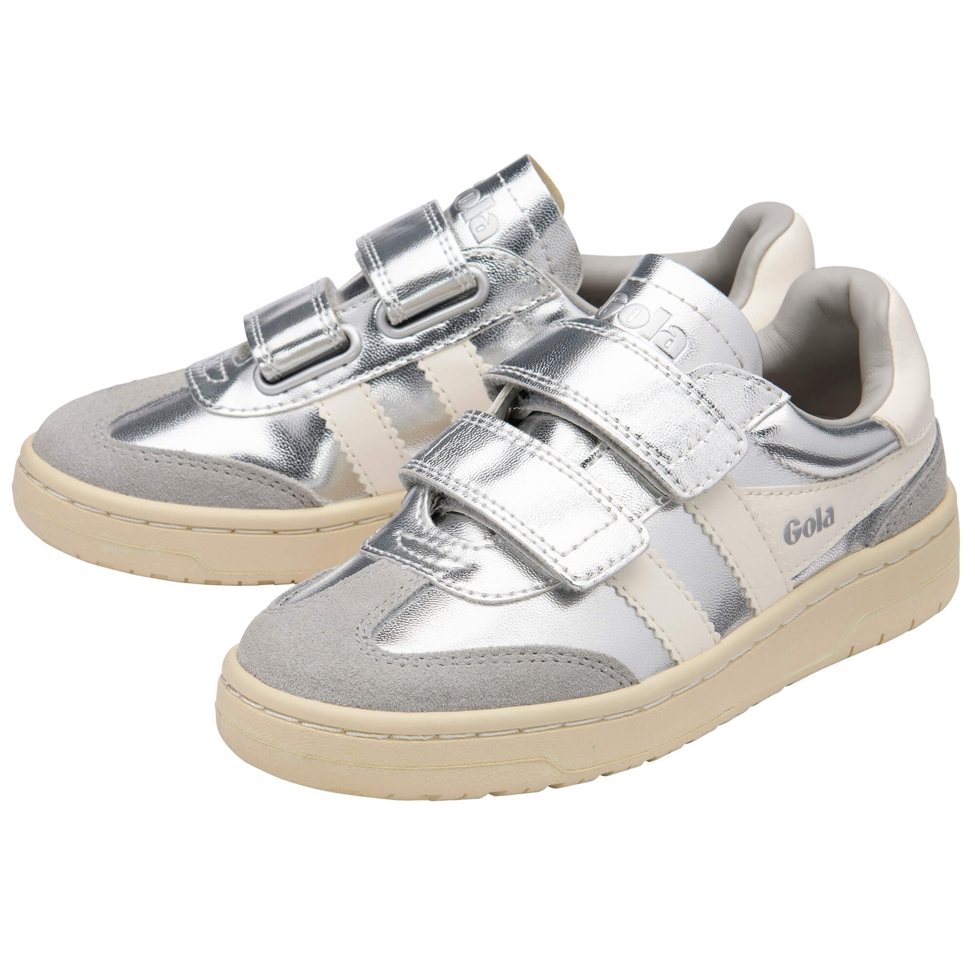 Silver children's Gola trainers with velcro straps on a white background