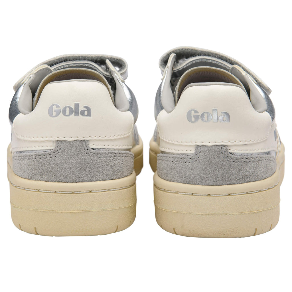 Pair of silver Gola trainer shown from the back on a white background