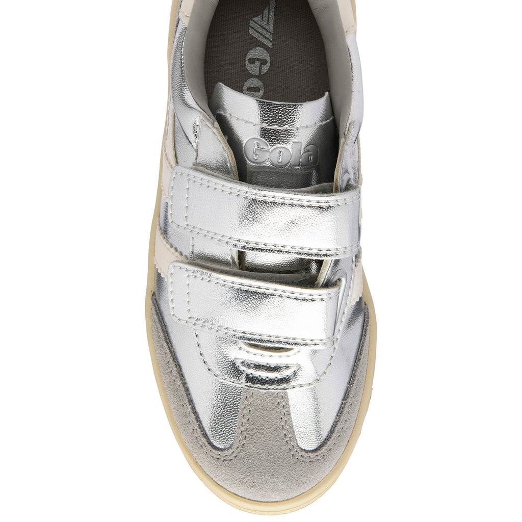 Silver Gola trainer with white stripes on a white background