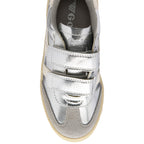 Silver Gola trainer with white stripes on a white background