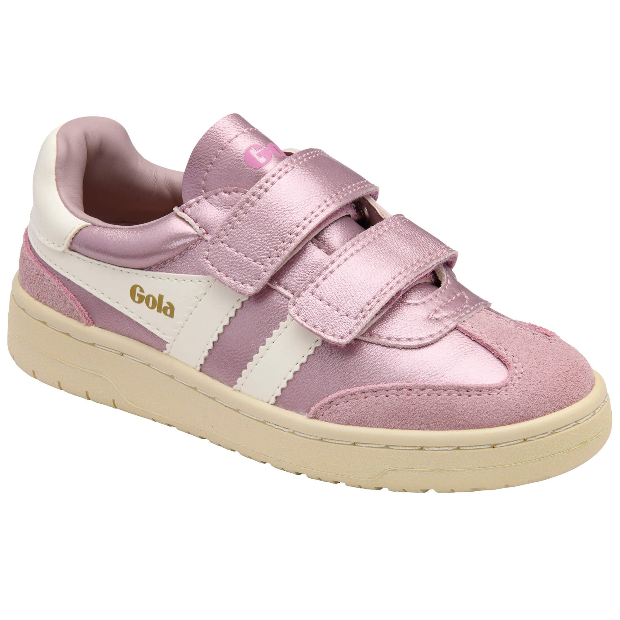 Pink children's Gola trainer with velcro straps on a white background