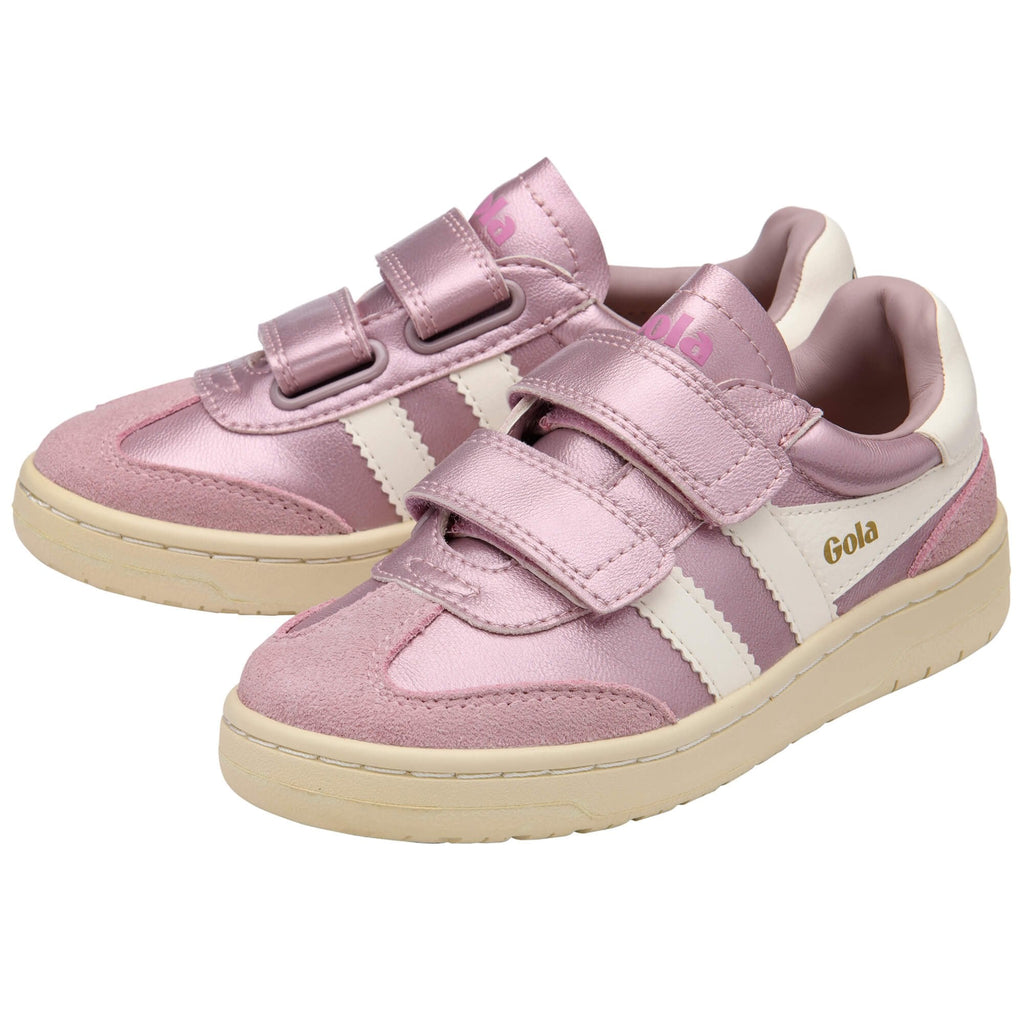 Pink children's Gola trainers with velcro straps on a white background