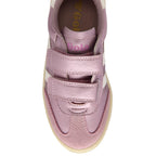 Top down view of a pink Gola trainer  with two white hook and loop straps on a white background
