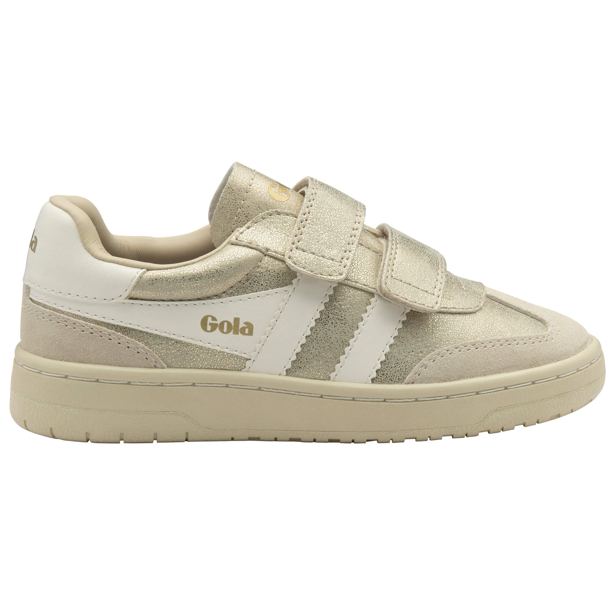 Gola Kids trainers in gold with white stripes and beige suede accents on a white background