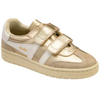 Gold Gola kids trainer with white stripes on a white background