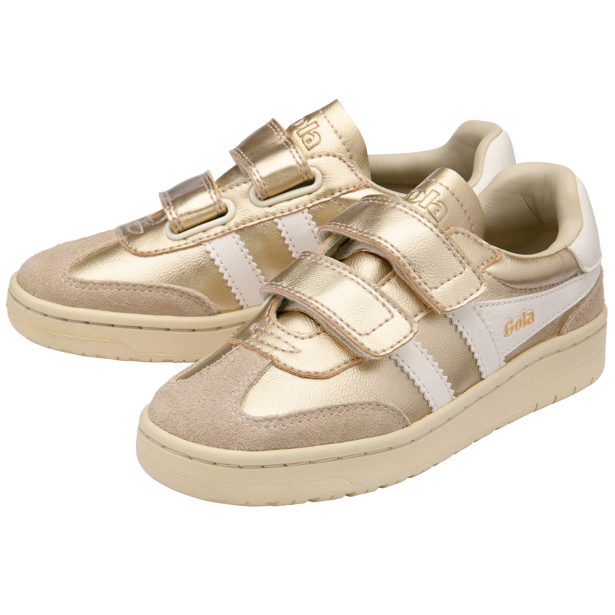 Pair of gold and white Gola trainers with white accents and velcro straps on a white background