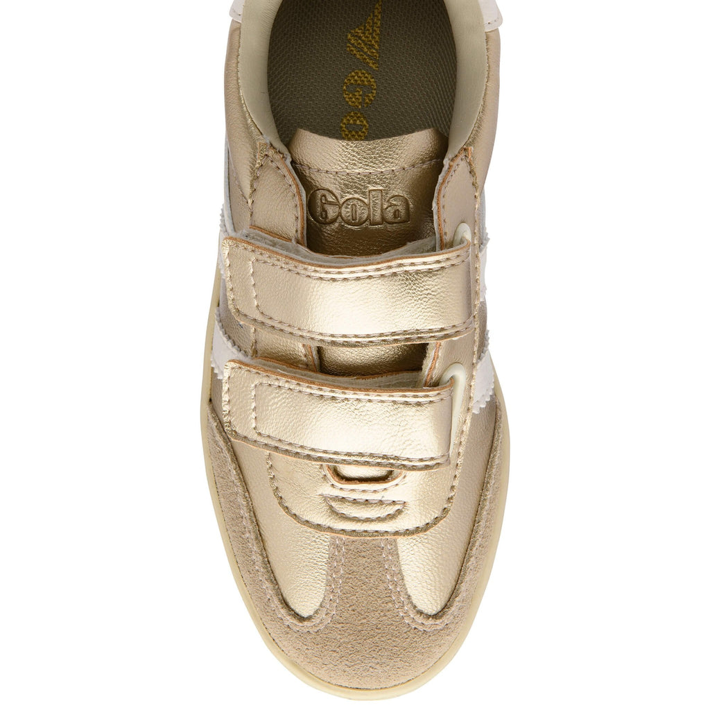 Gold Gola kids trainer with white stripes on a white background