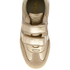 Gold Gola kids trainer with white stripes on a white background