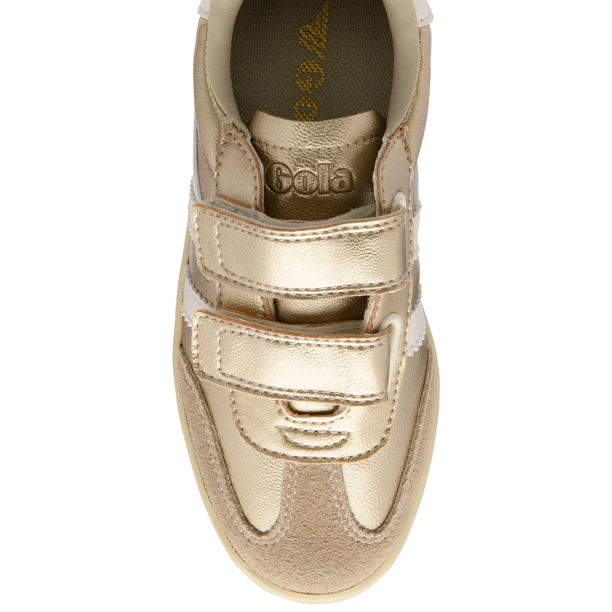 Gold Gola kids trainer with white stripes on a white background