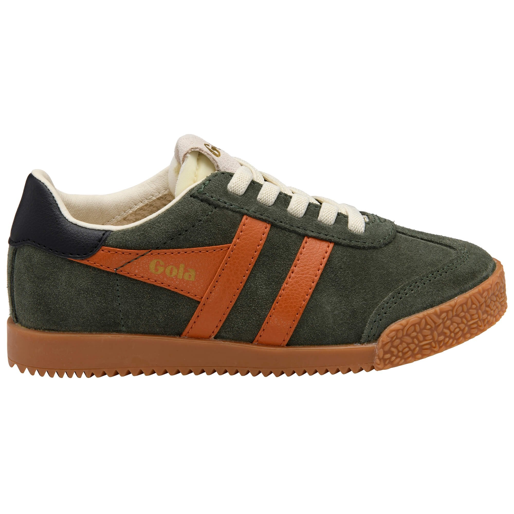 Gola trainer in dark green with orange stripes and a gum sole on a white background