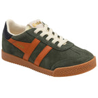 Gola trainers in green suede with orange stripes and a gum sole on a white background