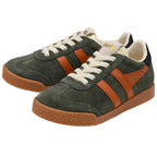 Green Gola trainers with orange stripes and white laces on a white background