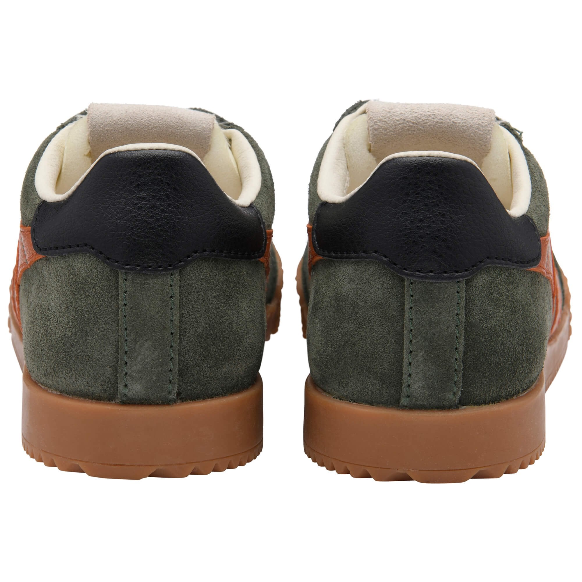 Pair of green suede Gola trainers with dark blue heel tab and brown soles on a white background